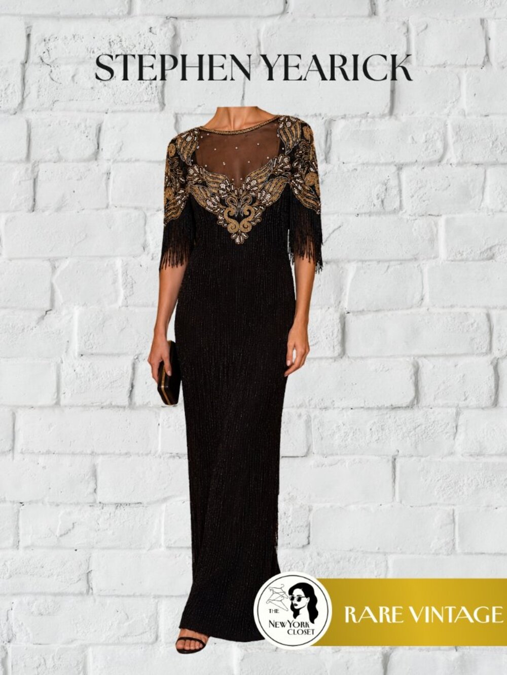 Stephen Yearick Vintage Hand-Beaded Silk Fringe Gown Black Gold Art Deco Sz 6